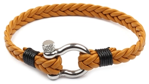 Detail of yellow braided leather bracelet with silver U-shackle and black wrap accents