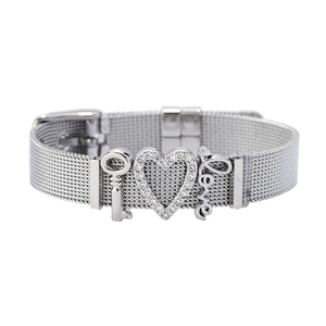 Silver mesh stainless steel bracelet with crystal heart and love charms on white background