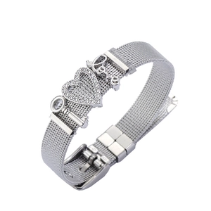 Stainless Steel Mesh Bracelet Heart Key Love Charm Rhinestone Adjustable Watchband Style Jewelry For Women