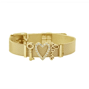 Golden mesh band bracelet with heart rhinestone charms, Love lettering and key pendant