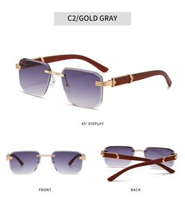Detailed views of rimless square sunglasses with purple gradient lenses and wood grain temples