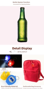 Macro detail of multi-functional hard hat keychain showing LED light and metal opener