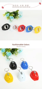 Detail view of helmet-shaped bottle opener keychain with LED light and metal base