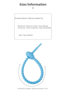Detail view of a blue silicone cable tie organizer showing its 21cm unfolded length