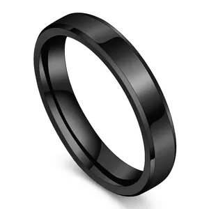 Classic 4mm beveled edge black titanium steel ring with polished mirror finish surface