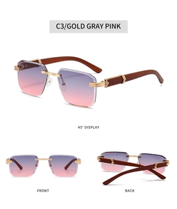 Three-angle view of rimless square sunglasses with gradient pink lenses and wood texture arms