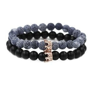 Crown beaded bracelet set with grey cracked stone beads and matte black stones