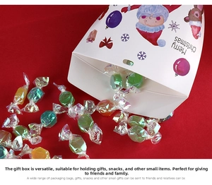 Detailed top view of white Christmas gift bag filled with colorful candies on red background
