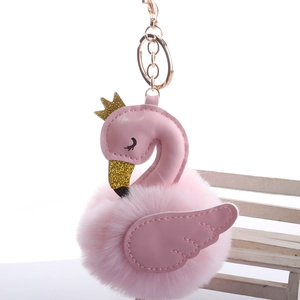 Elegant Crown Swan Flamingo Plush Keychain Faux Fur Pom Pom PU Leather Sparkling Bag Charm Animal Pendant