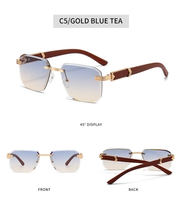 Three-angle view of rimless square sunglasses with wood grain temples and gradient blue lenses