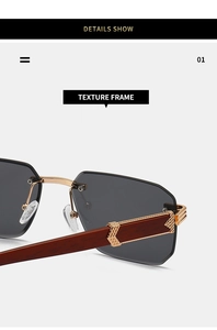 Close-up of rimless square sunglasses with gold metal and wood grain textured temples