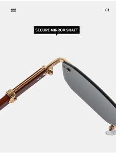 Close-up of secure golden metal hinges and brown wood texture temples of square sunglasses
