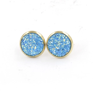 12MM gold plated stainless steel stud earrings featuring light blue starry resin druzy