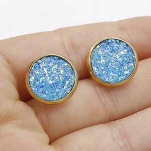 Sparkling 12mm golden stainless steel round stud earrings with light blue druzy resin stone