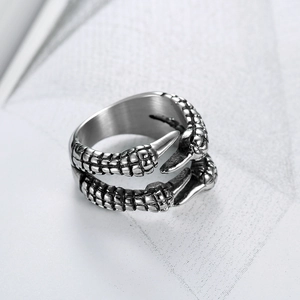 Gothic punk dragon claw open ring in vintage stainless steel with textured details