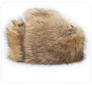 Side view of faux fur winter hat in dark brown with thick warm ear flaps and fluffy texture