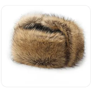 Detailed side view of thick faux fur winter trapper hat with warm plush lining texture