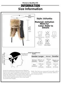 Size guide and measurement chart for men's winter faux mink fur trapper hat