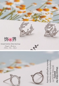 Detailed view of S925 silver stud earrings featuring cute cat silhouette and deer antler designs