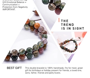 Detail of handmade double-layer bracelet with 6mm faceted Indian agate beads on white background