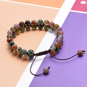 Detail of 6mm faceted Indian agate beads on a handwoven double-row adjustable bracelet