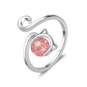 Minimalist silver cat ear ring with pink strawberry quartz and adjustable open band