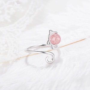 Minimalist silver open ring featuring a cute cat ear design and pink strawberry crystal