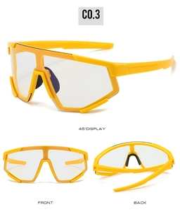 Three-angle view of bright yellow full-frame cycling goggles with wide lenses
