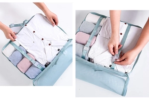 Detalle del organizador de viaje azul claro con hebillas para empacar camisas