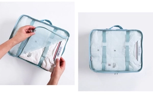 Detalle de bolsa organizadora de viaje azul claro con cremallera y asa de transporte