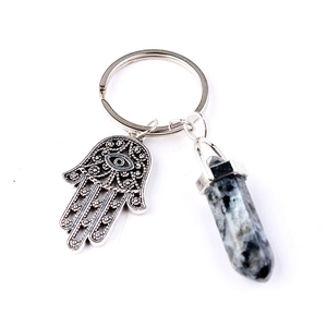 Detail of silver Hamsa hand charm and hexagonal natural crystal on a metal keychain