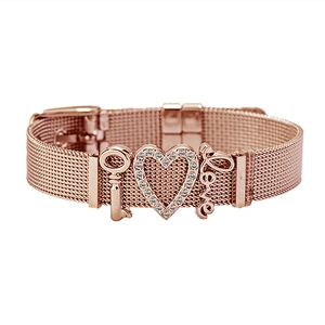 Rose gold mesh watch band bracelet with love key and heart crystal charms