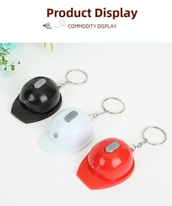 Detail view of helmet-shaped keychain with LED light in black, white, and red colors