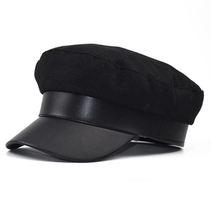 Classic black wool and PU leather octagonal newsboy hat with stylish metal buckle detail