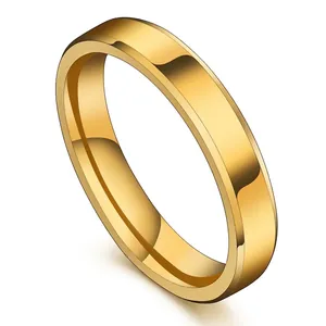 Classic 4mm gold polished stainless steel ring with minimalist beveled edges shown at 45-degree angle