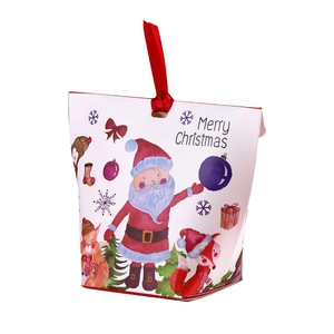 Christmas gift paper bag with festive illustrations and red ribbons for cookies or candy
