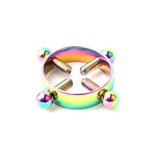 Rainbow plated stainless steel non-piercing nipple ring with adjustable screws detail