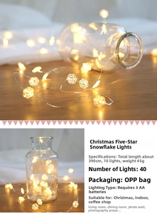 Detailed close-up of 3.9m LED snowflake string lights with warm glowing bulbs