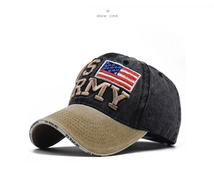 Detailed embroidery of US ARMY and US MARINE letters on a vintage washed cotton cap