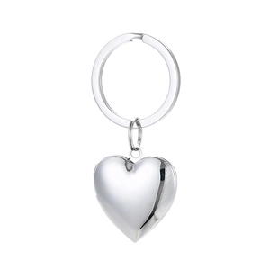Polished silver heart-shaped pendant keychain close-up on a bright white background