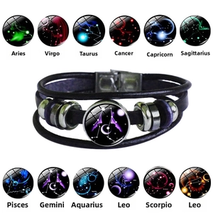 Selection of 12 zodiac constellation multi-layer braided leather bracelets with glass charms