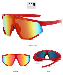 Detail shots of red semi-rimless sports sunglasses with gradient reflective lenses