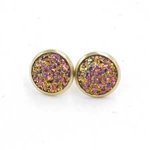 Macro shot of 12mm gold-plated stainless steel studs with iridescent druzy crystals