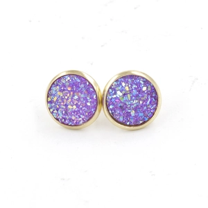 Detailed macro view of 12mm purple resin druzy stud earrings with gold plated base