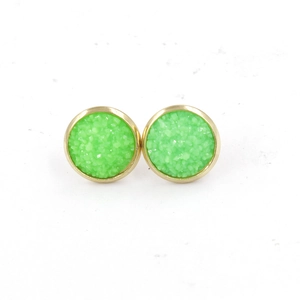 Detail of 12mm gold plated stainless steel studs with green resin druzy crystals