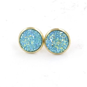 Detail of 12mm gold plated stainless steel studs with iridescent blue druzy resin