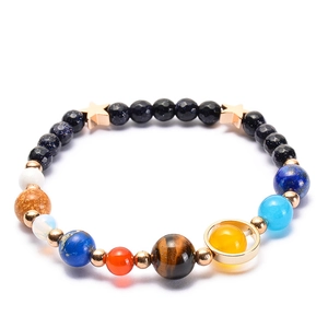 Solar system bracelet with tiger eye and lapis lazuli beads and rose gold star charm