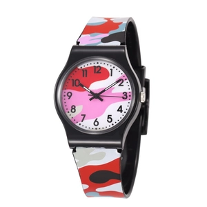 Detail view of colorful camouflage silicone watch strap and easy-to-read numeric dial