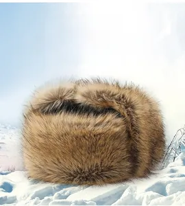 Detailed view of warm winter trapper hat with thick faux fur and ear protection design