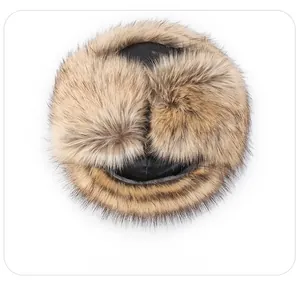 Overlook show of winter trapper hat with black leather top and warm brown faux fur lining